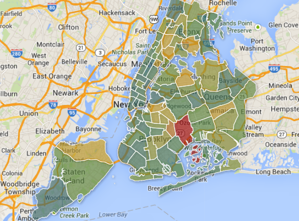 The borders of the map below represent NYPD precincts throughout New York City.